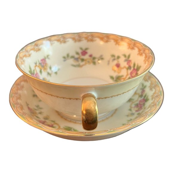 Vintage Noritake 2 handle Soup Cup and Saucer Floral Pattern Gold Trim Japan - Picture 3 of 9